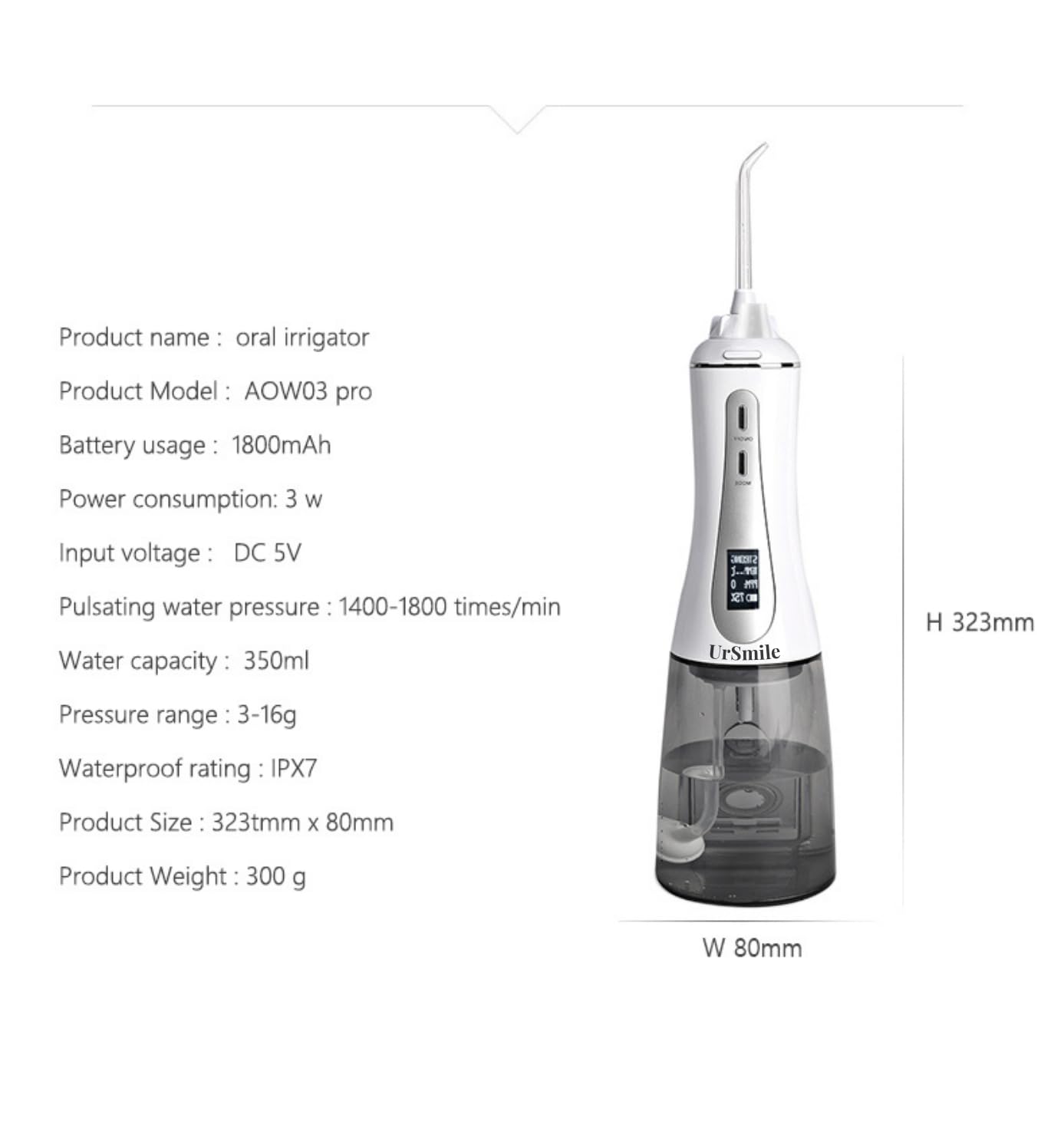 Water Dental Flosser Cordless Oral irrigator for Teeth,ursmile 350ml Rechargeable IPX7 Waterproof Electric Plaque Remover for Adults