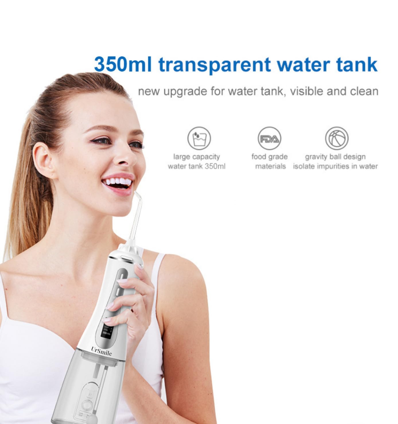 Water Dental Flosser Cordless Oral irrigator for Teeth,ursmile 350ml Rechargeable IPX7 Waterproof Electric Plaque Remover for Adults