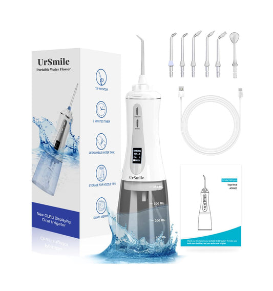 Water Dental Flosser Cordless Oral irrigator for Teeth,ursmile 350ml Rechargeable IPX7 Waterproof Electric Plaque Remover for Adults